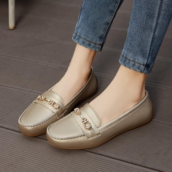 Kordal Women's Gold Leather Gold Accent Buckle Slip-Ons Walking Flats Loafers - Picture 7 of 9